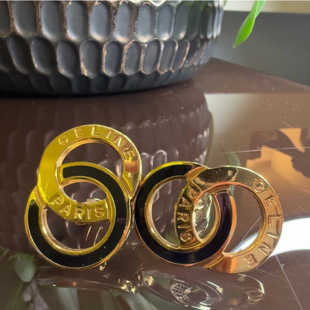 Celine vintage black enamel clip on earrings 24K gold plated